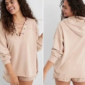 Aerie Beige Hoodie tie front detail size M